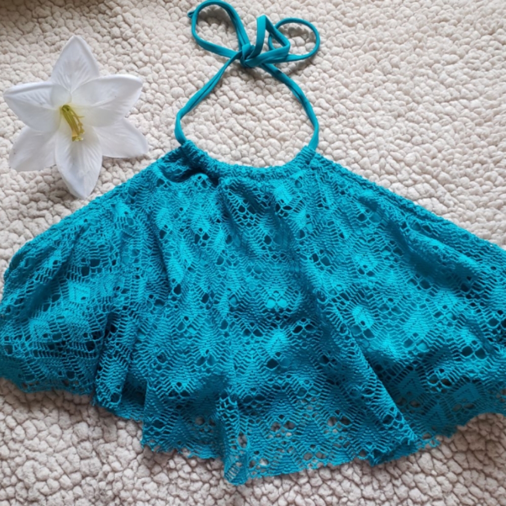 No Boundaries Flutter Halter Bikini Top in Blue Teal Women's Size Large NWOTs